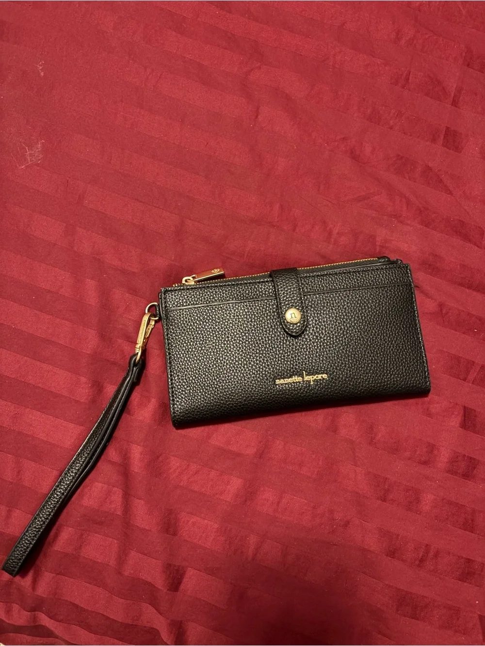 Nanette Lepore Black Wristlet Card Holder with Gold Accents